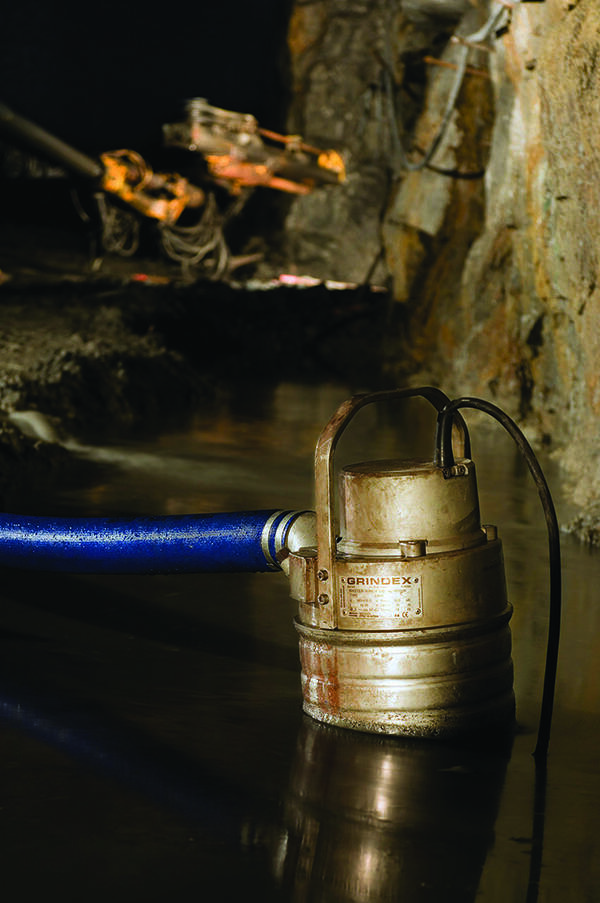 Submersible pumps are used underground to pump between sumps as well as to a collection pit, where a larger pump can transfer water to another level or to surface.